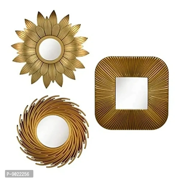SATYAM KRAFT 3 Pcs Wall Mirror Fiber Material for Home Decor, Hanging in Bedroom, Living Room, Bathroom Decorations Items, with Hook for Hanging On Walls and All Unique Design (9x9 Inch, Gold) 9022256