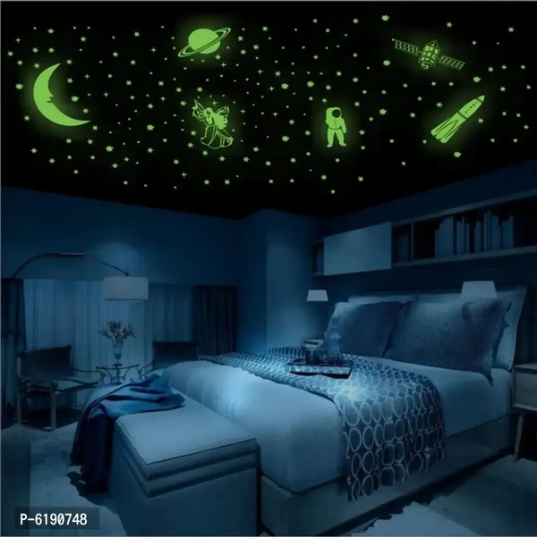 WallDaddy Vinyl Fluorescent Night Glow in The Dark Star Space Wall Sticker (Pack of 134 Stars Big and Small, Green, 12) 6190748