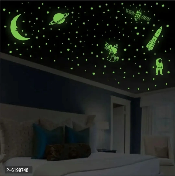 WallDaddy Vinyl Fluorescent Night Glow in The Dark Star Space Wall Sticker (Pack of 134 Stars Big and Small, Green, 12) 6190748