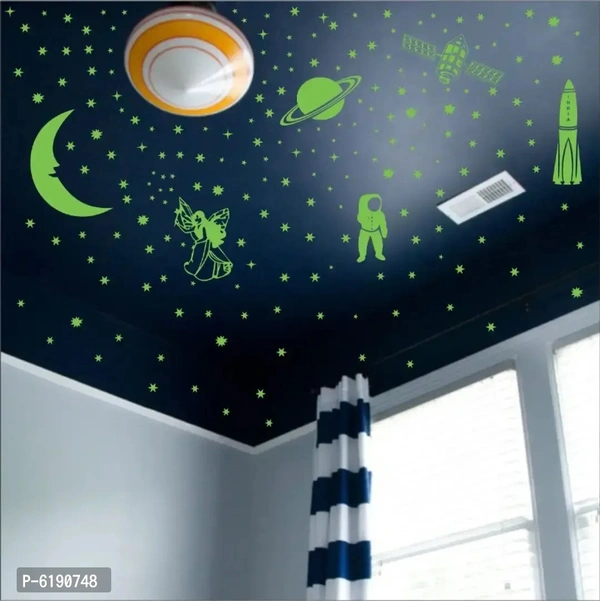 WallDaddy Vinyl Fluorescent Night Glow in The Dark Star Space Wall Sticker (Pack of 134 Stars Big and Small, Green, 12) 6190748
