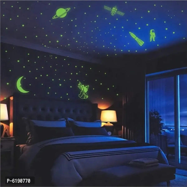 WallDaddy Vinyl Fluorescent Night Glow in The Dark Star Space Wall Sticker (Pack of 134 Stars Big and Small, Green, 12) 6190770