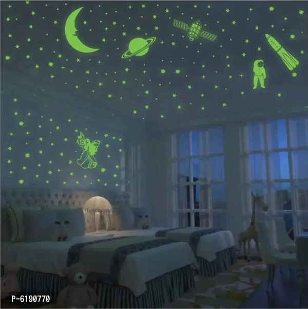 WallDaddy Vinyl Fluorescent Night Glow in The Dark Star Space Wall Sticker (Pack of 134 Stars Big and Small, Green, 12) 6190770