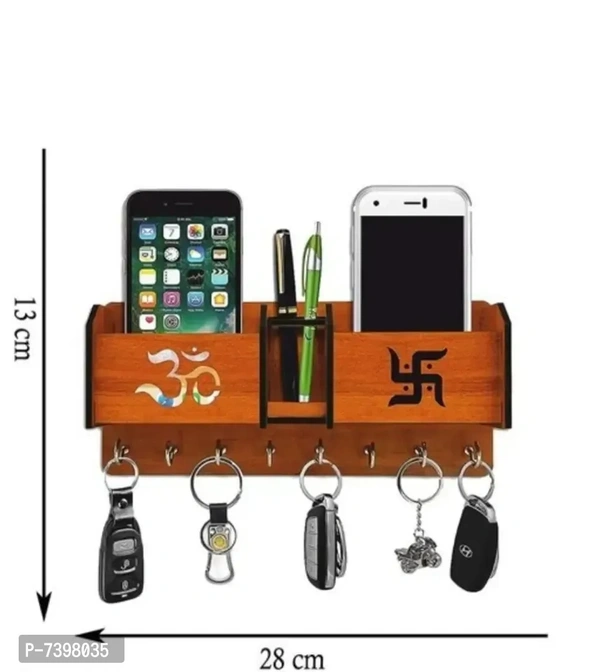 Wooden 2 Pocket Pen Stand Om Swastik 8 Hook Beige Wood Key Holder Wood Key Holder (8 Hooks, Brown) 7398035