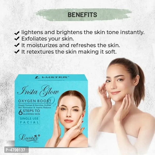 Luster Insta Glow Oxygen Boost Facial Kit | 6 Step Facial Kit | Made With Natural Ingredients | Instant Glow Facial Kit | All Skin Types | Paraben Free &ndash; 320ml Luster Insta Glow Oxygen Boost Facial Kit | 6 Step Facial Kit | Made With Natural Ingredients | Instant Glow Facial Kit | All Skin Types | Paraben Free &ndash; 320ml 4790137