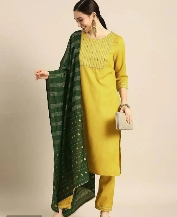 Attractive Straight Yellow Self Design Cotton Blend Kurta Bottom With Dupatta For Women 10974044 - S