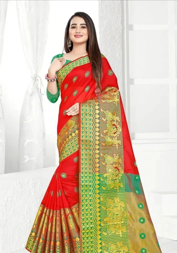 Self Design Banarasi Jacquard Border Cotton Blend Saree With Blouse Piece 4256653