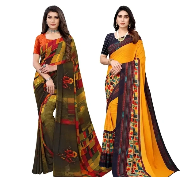Stylish Fancy Georgette Multicoloured Printed Combo Saree With Blouse Piece For Women 2 Pack 9696685