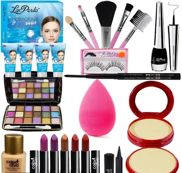 All in One Makeup Combo With Laperla Facial Kit For Glamorous Look, Pack of 19, (GC1449) 5715598