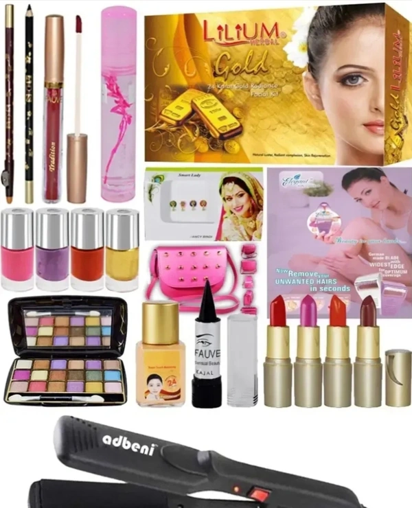 Lilium Parlour Combo Makeup Sets With Facial Kit and Straightener Pack Of 20 Gc230 (20 Items In The Set) 6079633