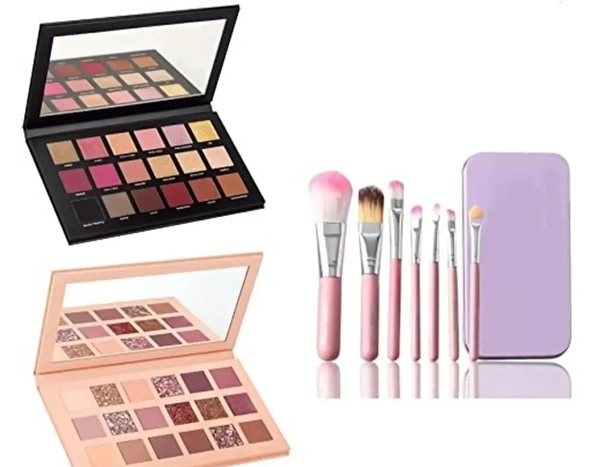Womens Girls Nude Eyeshadow Palette and Rosegold Eyeshadow Palatte (18 Shades Each, Multicolor) with Set of 7 Pcs Hello Kitty Makeup Brush - (Pack of 3) 8825729