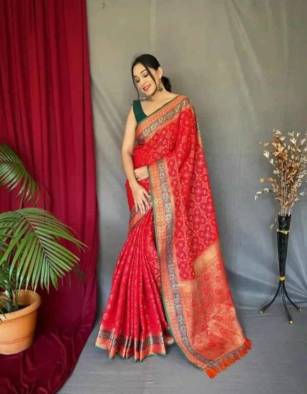 PURE PATOLA SILK SAREE WITH CONTRAST BLOUSE 13218327