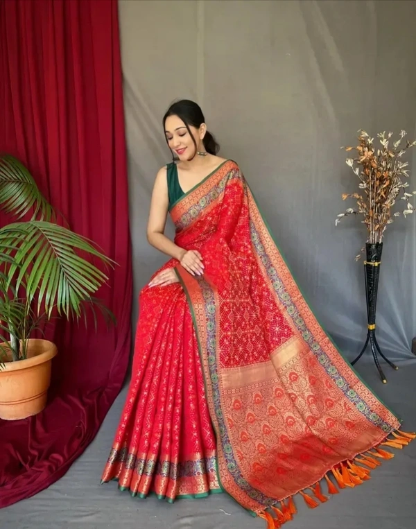 PURE PATOLA SILK SAREE WITH CONTRAST BLOUSE 13218327