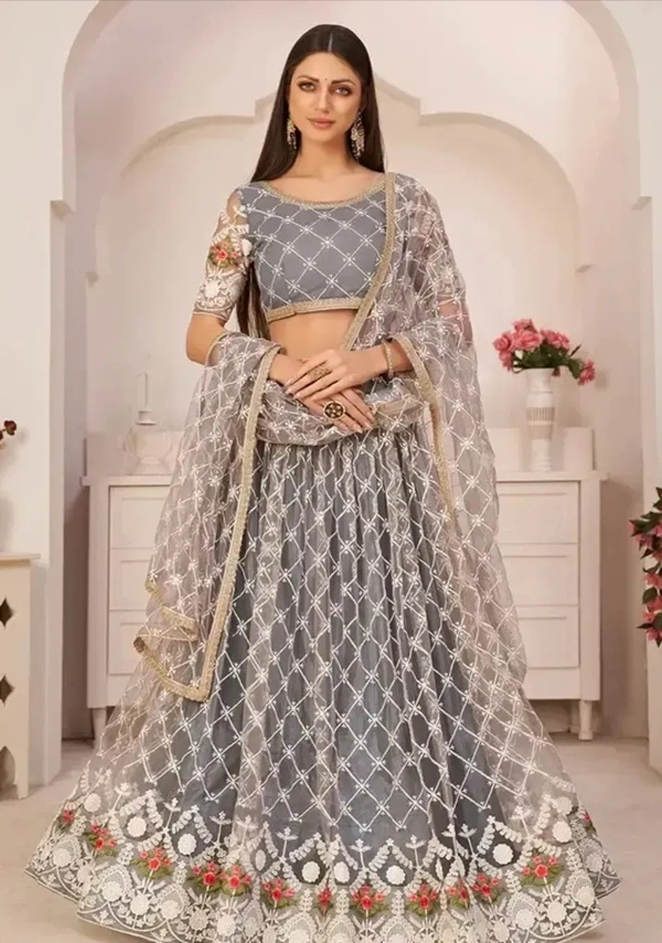 Tha Bats Selling designer Super Net With Silk Semi Stitched Lehenga Choli Free Size Grey Color 9979573