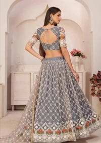 Tha Bats Selling designer Super Net With Silk Semi Stitched Lehenga Choli Free Size Grey Color 9979573