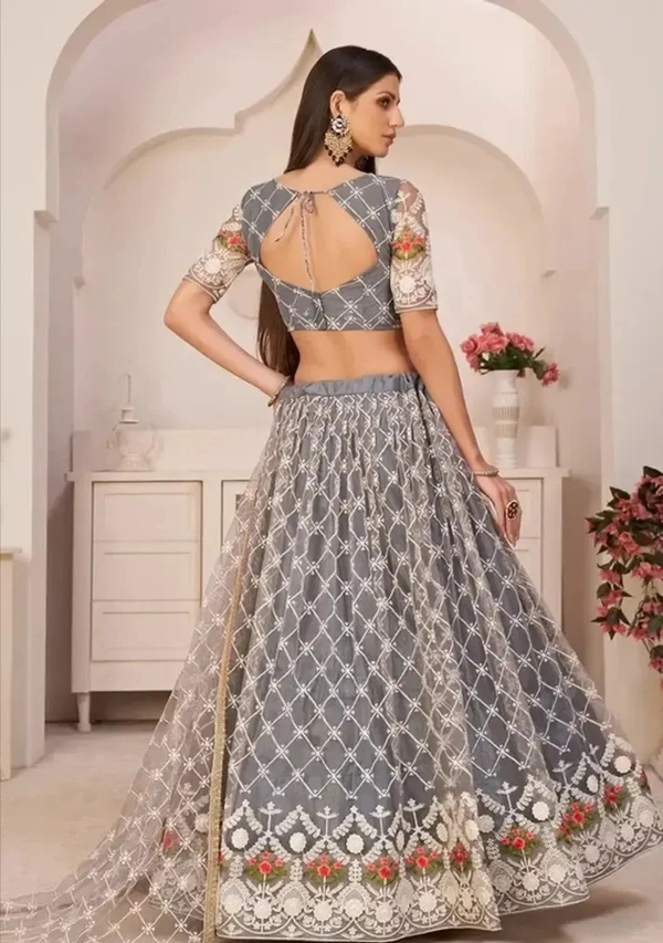 Tha Bats Selling designer Super Net With Silk Semi Stitched Lehenga Choli Free Size Grey Color 9979573