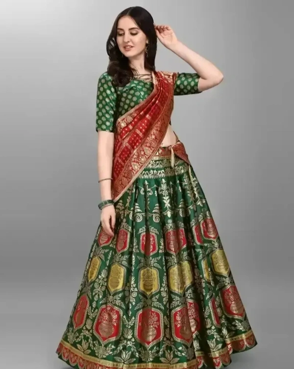 Stylish Green Jacquard Lehenga with Choli And Dupatta Set For Women 8331599 