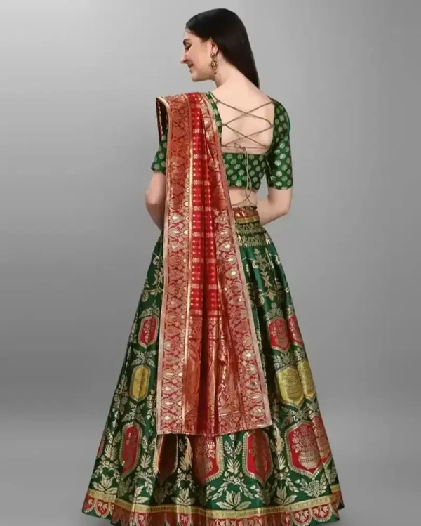Stylish Green Jacquard Lehenga with Choli And Dupatta Set For Women 8331599 