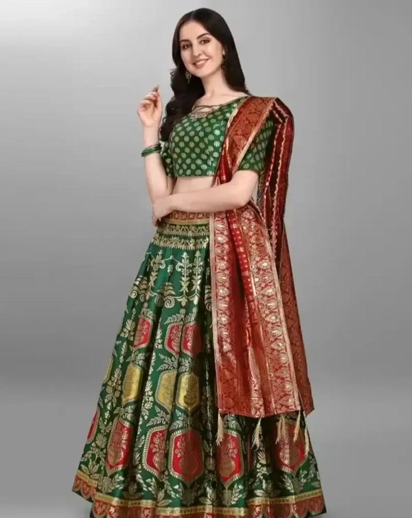 Stylish Green Jacquard Lehenga with Choli And Dupatta Set For Women 8331599 