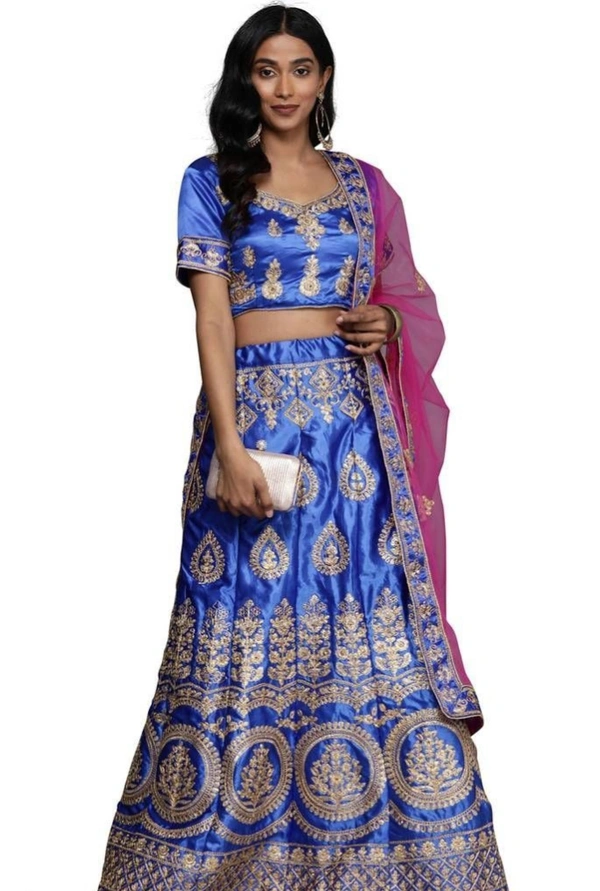 Stylish Women Royal Blue Semi-Stiched Fancy Designer Embodired Work With Heavy Daimond Work Along With Embrodired Dupatta And Blouse Work Satin Silk Lehenga Choli ( 6675815