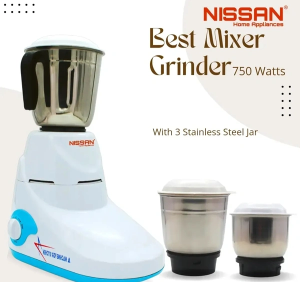 Nissan Home Appliances 750-Watt Mixer Grinder with 3 Jars (Liquidizing, Wet Grinding and Chutney Jar), Stainless Steel blades (Multicolor) 14103039