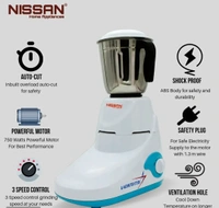 Nissan Home Appliances 750-Watt Mixer Grinder with 3 Jars (Liquidizing, Wet Grinding and Chutney Jar), Stainless Steel blades (Multicolor) 14103039