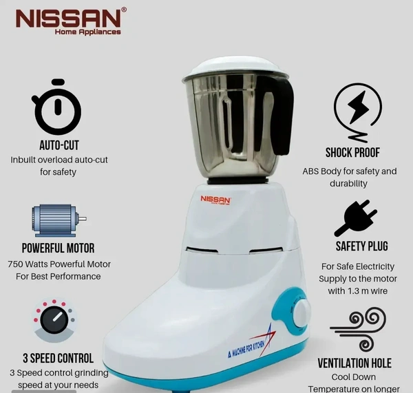 Nissan Home Appliances 750-Watt Mixer Grinder with 3 Jars (Liquidizing, Wet Grinding and Chutney Jar), Stainless Steel blades (Multicolor) 14103039
