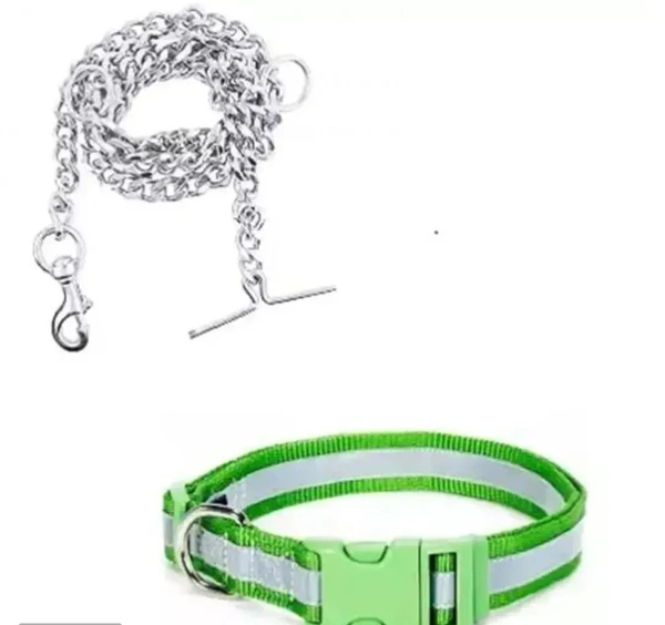 Classic Nylon and Steel Dog Belt Combo Of 1 Inch Nylon Collar With Heavy Dog Chain 11110159