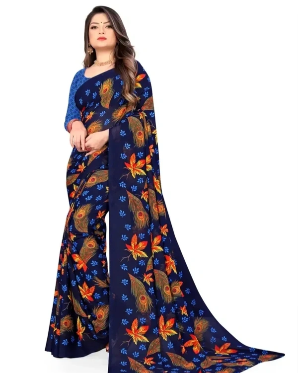 Authentic Blue Georgette Saree with Blouse piece For Women 7036762