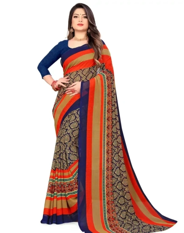 Authentic Blue Georgette Saree with Blouse piece For Women 7036756