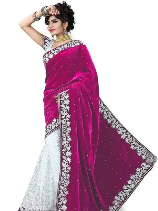 JULEE Womens Velvet and Rasal Net Half and Half Saree with Blouse Piece (Pink ) 8000174