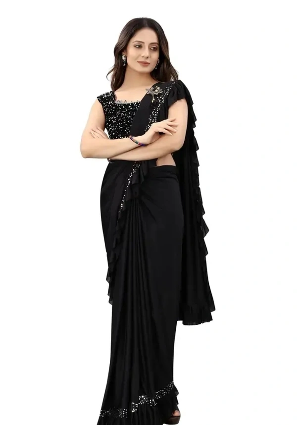 3Buddy Fashion Womens Solid Lycra Ruffle Ready to Wear Trending Saree with Sequence Lace Border (Black) ,9329845