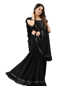 3Buddy Fashion Womens Solid Lycra Ruffle Ready to Wear Trending Saree with Sequence Lace Border (Black) ,9329845