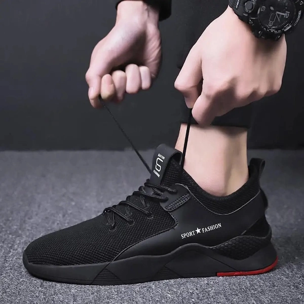 Elegant Black Mesh Solid Sneakers For Men - UK10