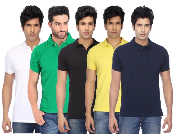 Men Multicolored Cotton Blend Slim Fit Polos T-Shirt (Pack of 5) - M