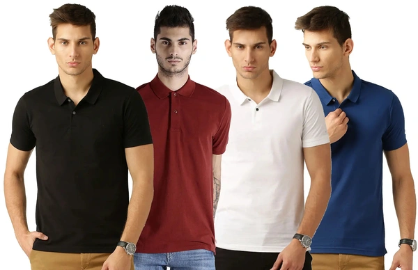 Men's Multicoloured Cotton Blend Solid Polos T-Shirt (Pack Of 4) - S