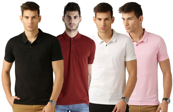 Men's Multicoloured Cotton Blend Solid Polos T-Shirt (Pack Of 4) - S