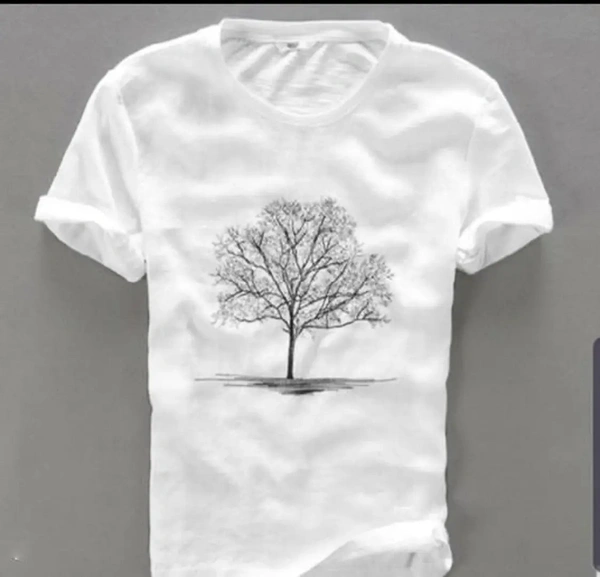 White Printed Cotton Round Neck Tees For Men - M