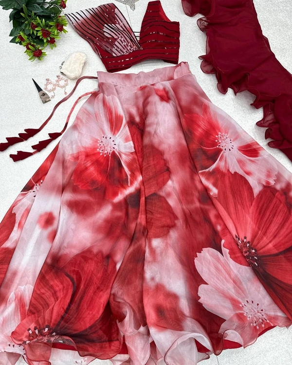 Antique Fashion Exclusive Trending Floral Print Lehenga Choli - Red