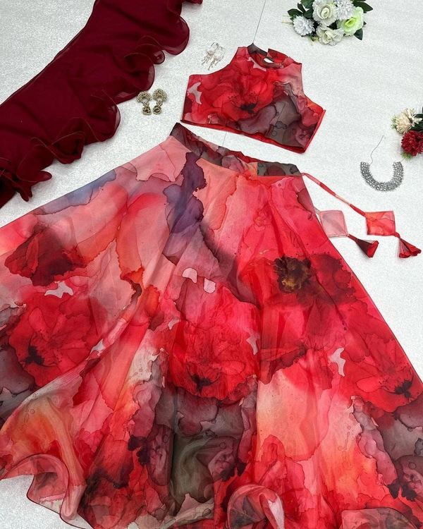 Antique Fashion Pure Jimmy organza silk digital floral printed lehnga