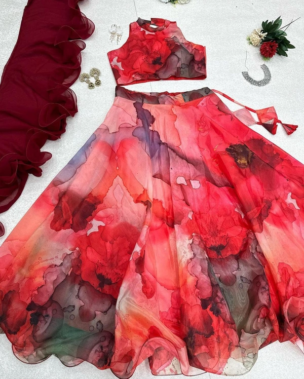 Antique Fashion Pure Jimmy organza silk digital floral printed lehnga