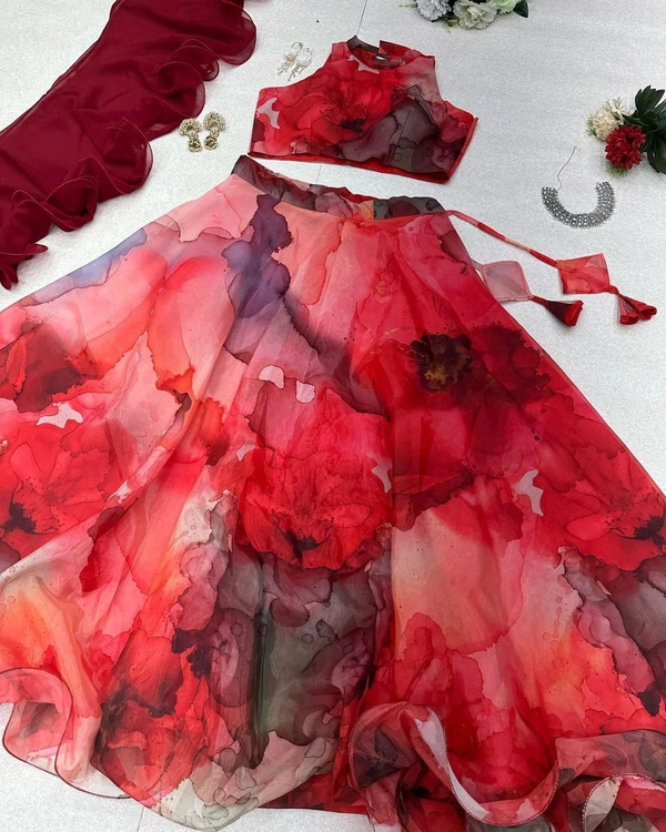 Antique Fashion Pure Jimmy organza silk digital floral printed lehnga