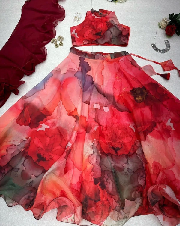 Antique Fashion Pure Jimmy organza silk digital floral printed lehnga