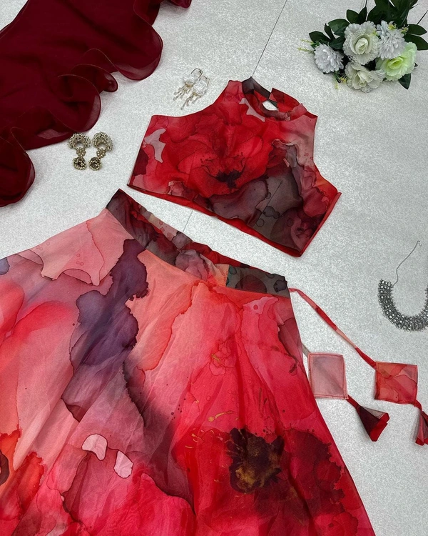 Antique Fashion Pure Jimmy organza silk digital floral printed lehnga