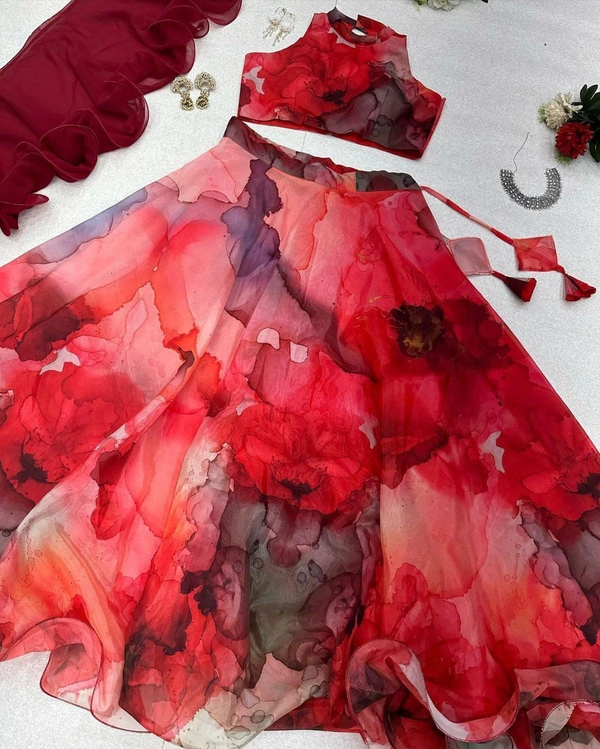 Antique Fashion Pure Jimmy organza silk digital floral printed lehnga