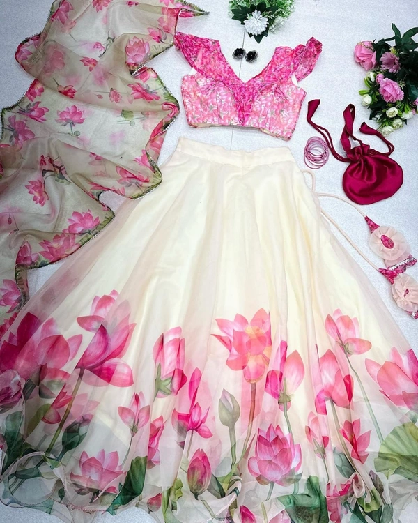 Antique fashion Pure organza silk digital printed lehenga