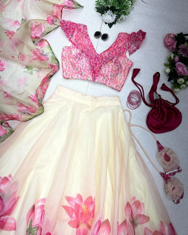 Antique fashion Pure organza silk digital printed lehenga