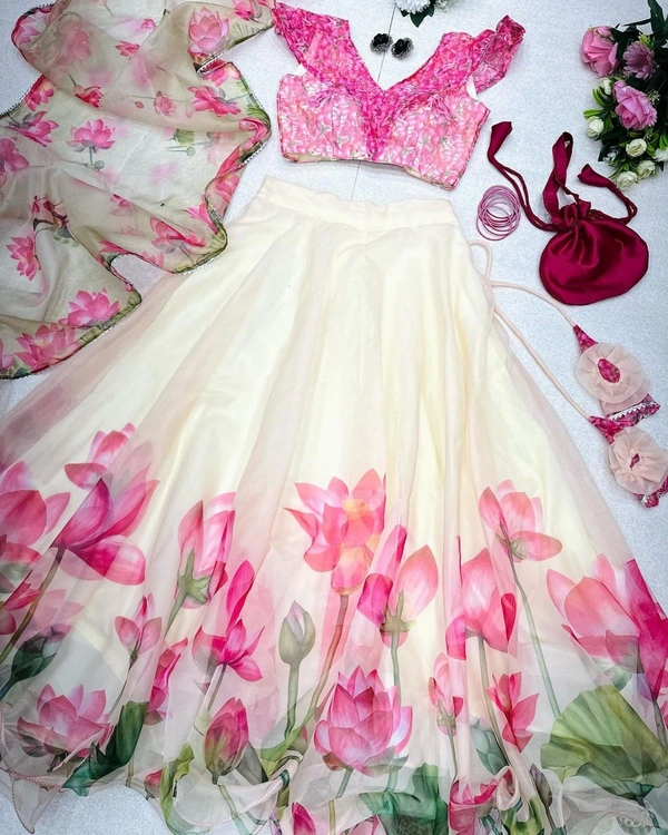 Antique fashion Pure organza silk digital printed lehenga