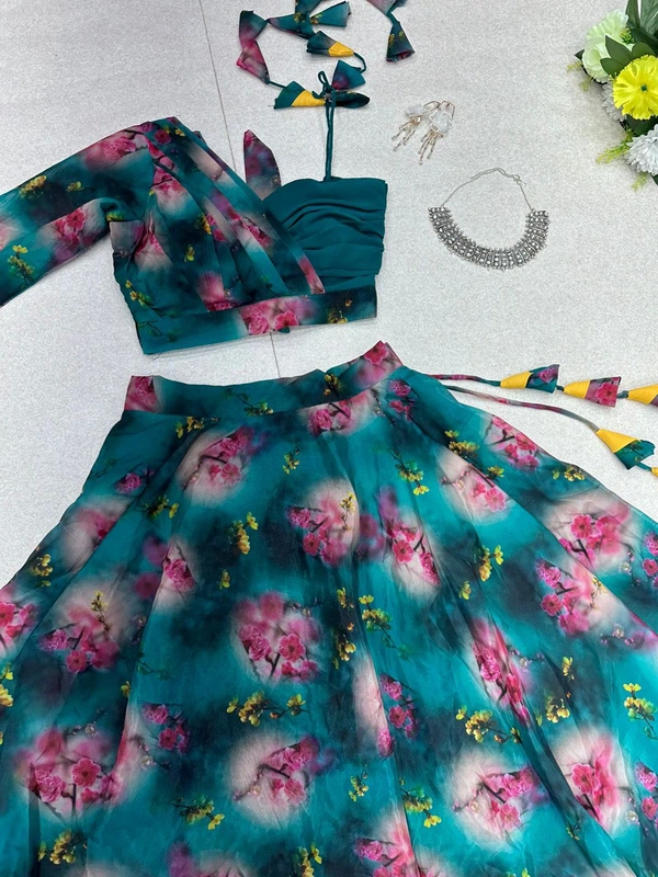 Antique fashion  Pure Jimmy organza silk digital floral printed lehnga