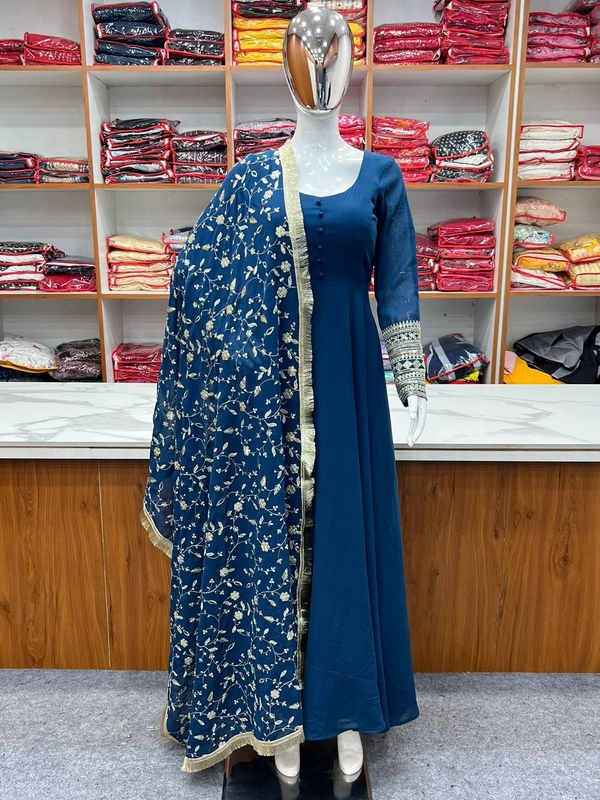 Antique Fashion 1  BLUE GEORGETTE GOWN FOR WOMEN DUPPTA FULL SET WITH PENT  - XXL-44