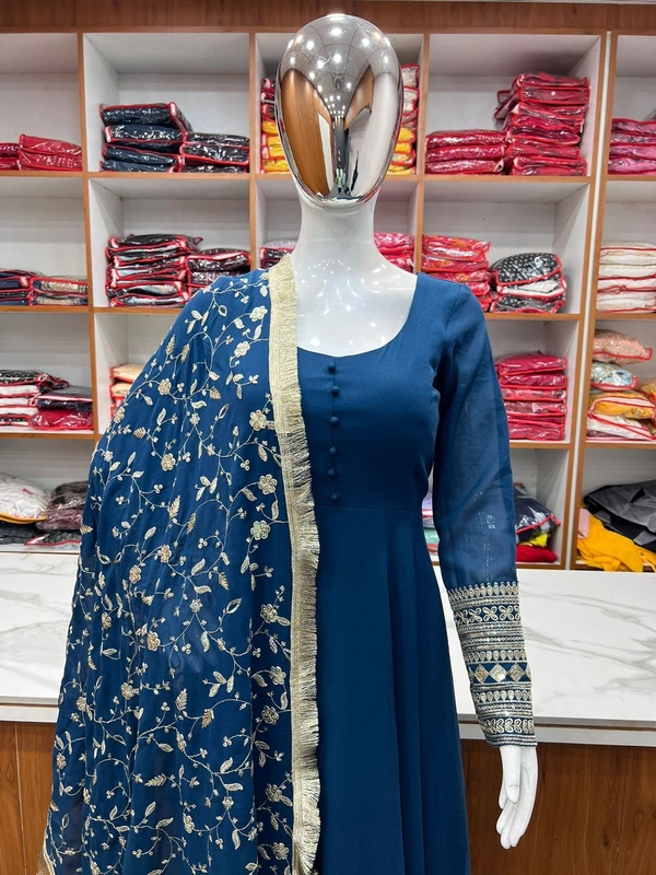 Antique Fashion 1  BLUE GEORGETTE GOWN FOR WOMEN DUPPTA FULL SET WITH PENT  - XXL-44